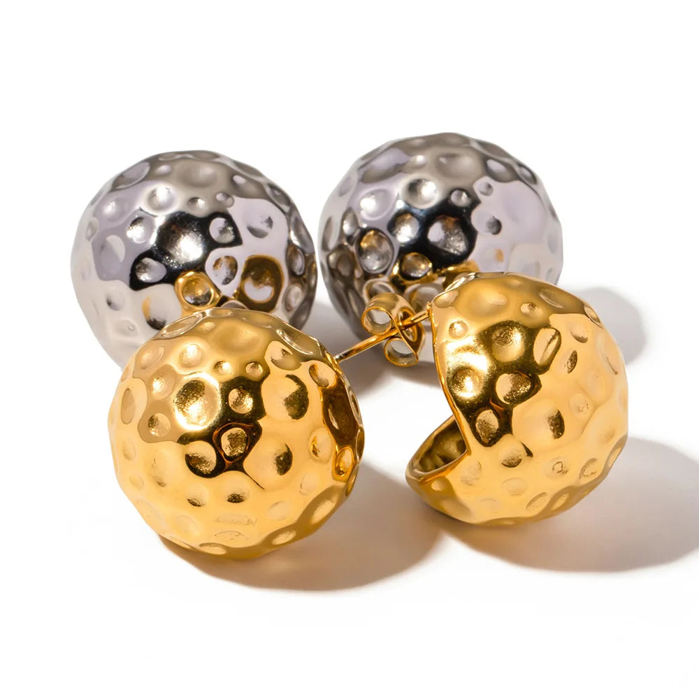 INS Style Retro Jewelry Hollow Ball Stud Earring 18K PVD Gold Plated Stainless Steel Hammer Lava Round Shape Earrings for Women