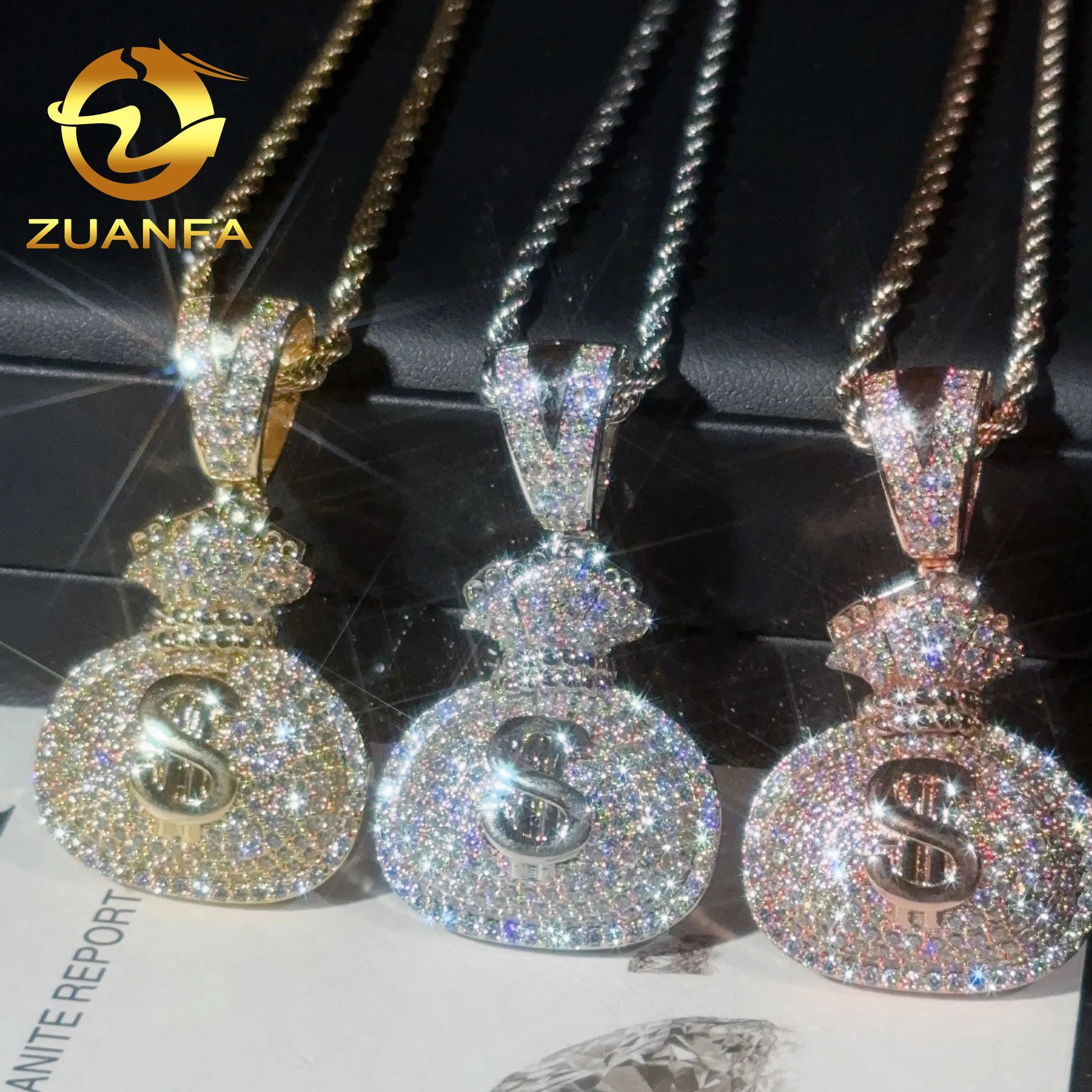 48h Shipping 925 Solid Silver Lucky Money Bag Moisssanite Pendant Hip Hop Jewelry Iced Out Pendant Free Rope Chain