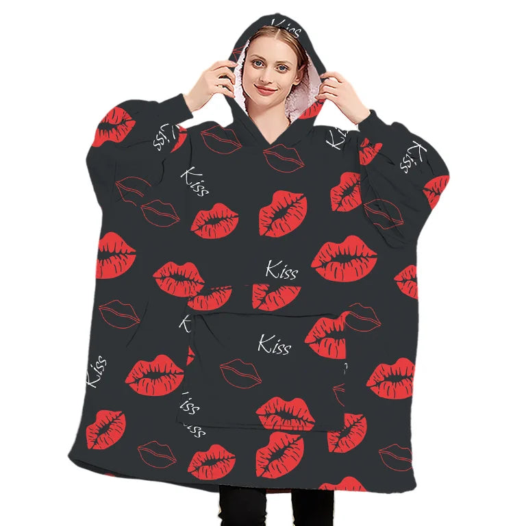 Factory Oversized Eco-Friendly Sherpa Fleece Wearable Blanket Woven Technique Two Big Pockets Hoodie for Adult Printed Design