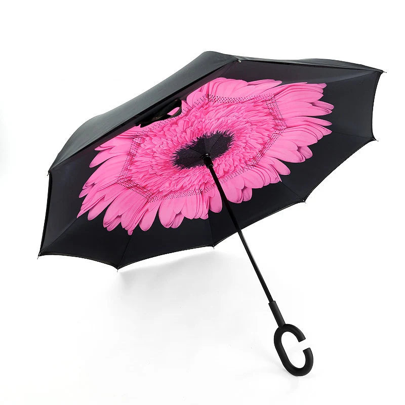 Outdoor Promotional Double Layer Car Umbrella C Paraguas Handle Reverse Inverted Umbrella With Logo