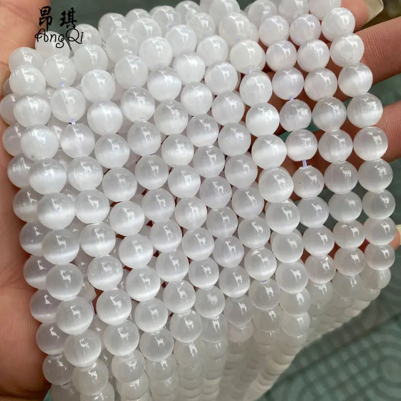 White Calcite Gemstone Strand Loose Natural Stone Round Reflective Selenite Beads for Jewelry Making