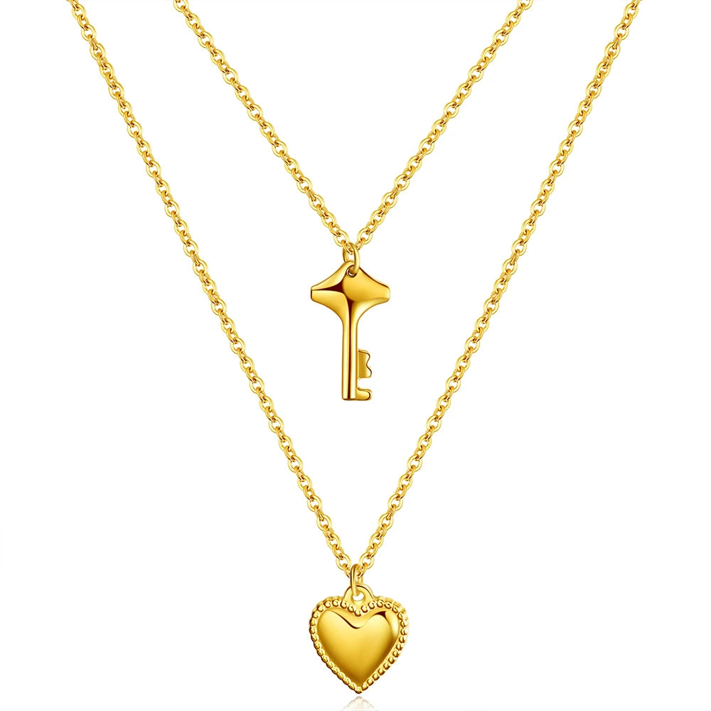 Heart and Key Layered Necklace Valentines Day Gift Love Paper Clip Link Waterproof Necklace for Her