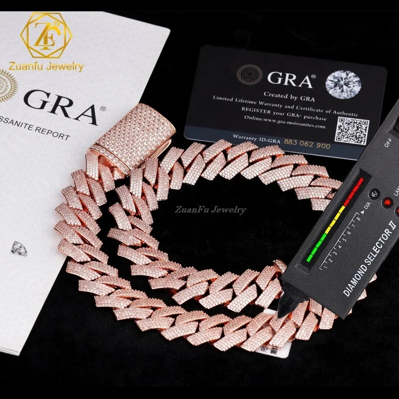 Factory Hip Hop Thick 3row 15mm VVS Moissanite Diamond Cuban Link Chain Men OEM 925 Silver Iced Out Cuban Bracelet Necklace