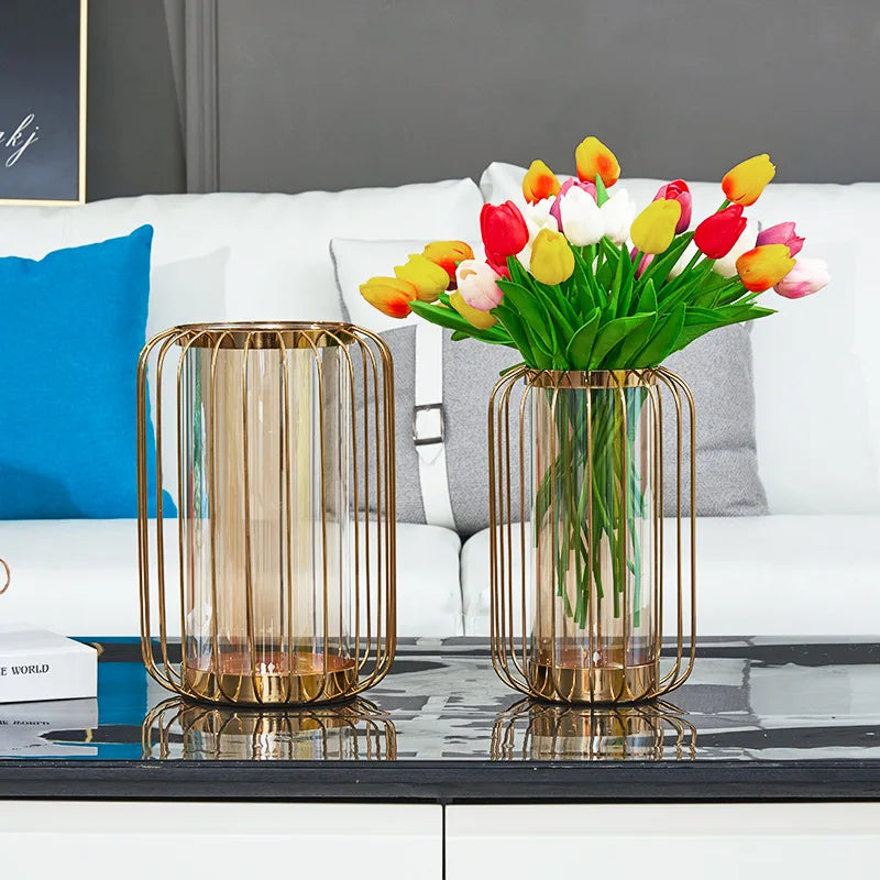 Modern Nordic Luxury Home Decor Contemporary Metal Birdcage Shape Flower Glass Vase