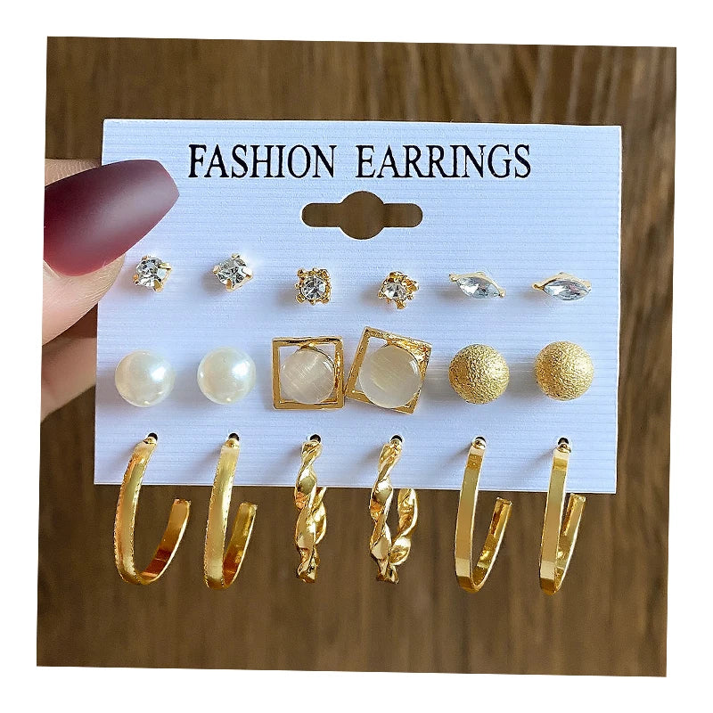 9Pcs/Set Pearl Rhinestone Geometric Earring Set for Women Jewelry