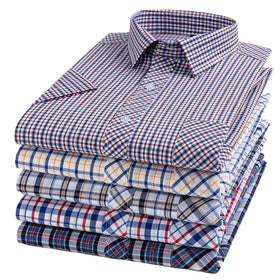 2023 New 100% Cotton Velour Long Plaid Short Sleeve Breathable Embroidered Casual Square Collar Pocket Men Cardigan Shirt