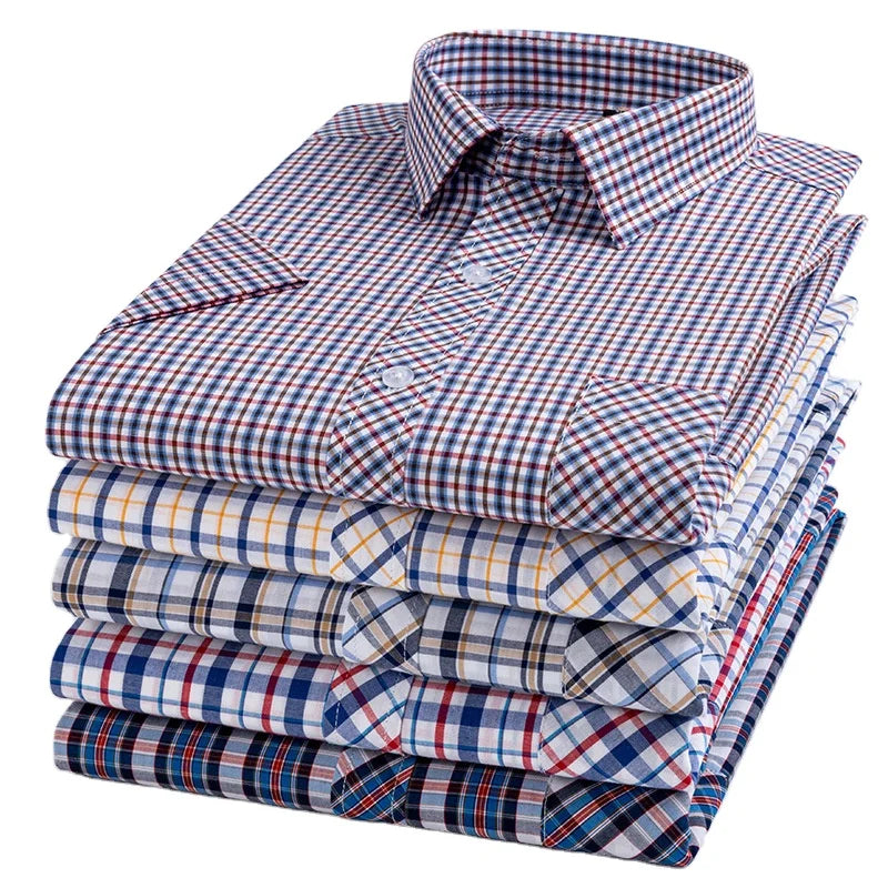 2023 New 100% Cotton Velour Long Plaid Short Sleeve Breathable Embroidered Casual Square Collar Pocket Men Cardigan Shirt
