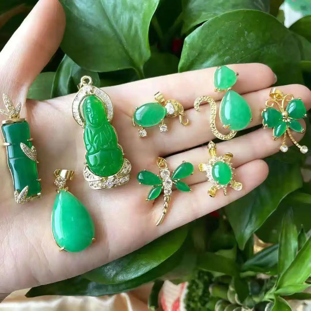 Jialin INS Natural Stone Natural Green Jade Cat Turtle Guanyin Dragonfly butterfly Jade Elephant Pendant Necklace