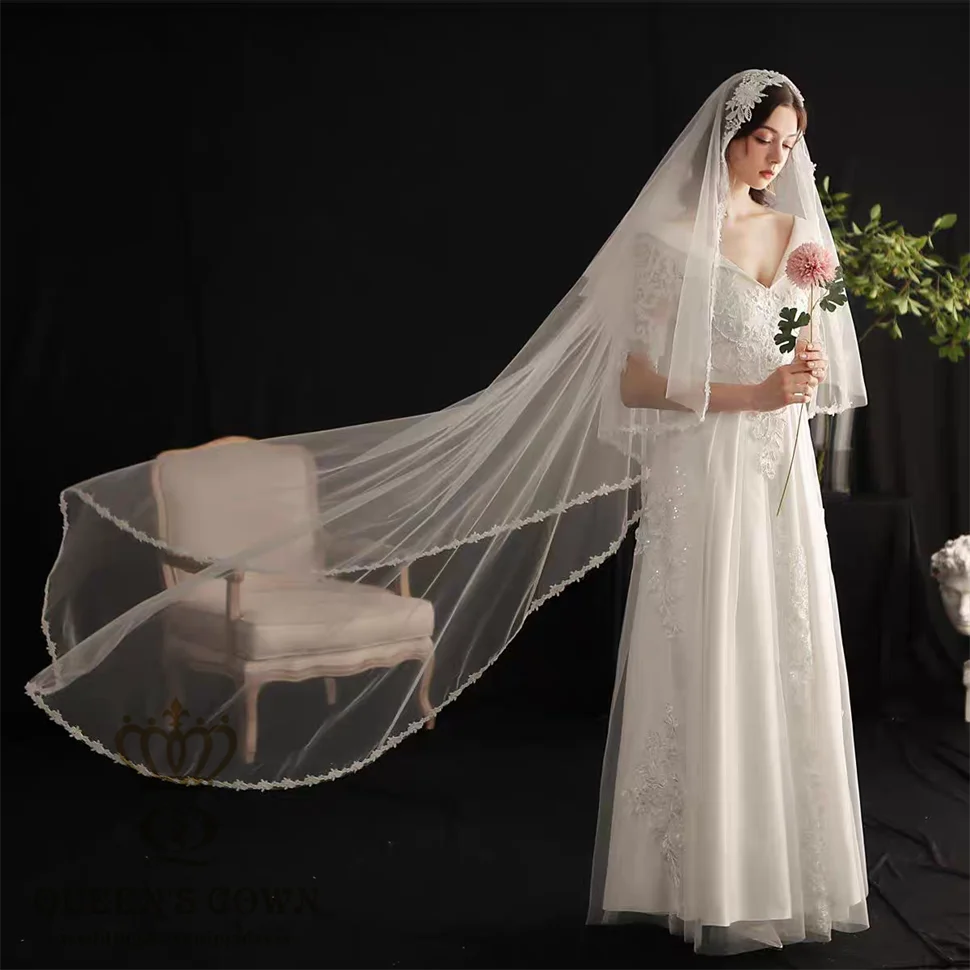 QUEENS GOWN French Retro Embroidered Edge Bridal Veil High Quality Flower With Beaded Wedding Veils