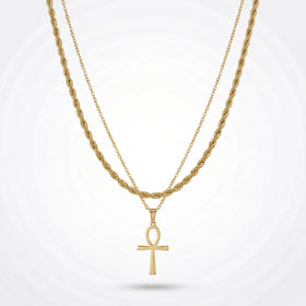 QIAOREN 11495 Rust Resistant Waterproof 18K Gold Plated Stainless Steel Ankh Symbol Layered Necklace