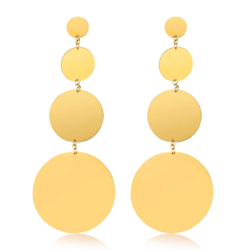 Elegant 18K Gold Plated Round Tags Dangle Earrings Multi Stainless Steel Waterproof Trendy Long Tassel Round Earrings Women