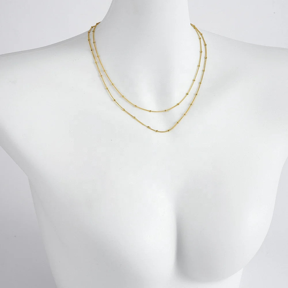 Elegant Gold Plated Double Layer Stainless Steel Beaded Necklace Simple Minimalist Style Fashionable Gift for Valentine's Day