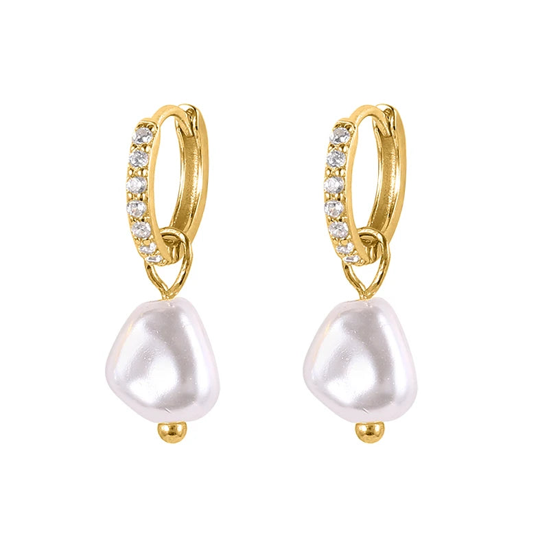 Fashion Jewelry Earrings 925 Sterling Silver Irregular Pearl Zircon Drop Pendant 18K Gold Plated Hoop Earrings for Women