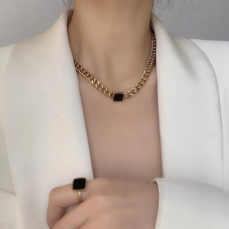 2024 NEW Tarnish Free Fashion Minimalist Women Stainless Steel Cuban Link Chain Charm Gold Necklace Set