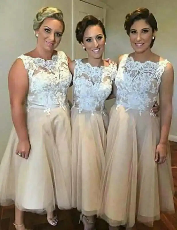 A Line Ankle Length Appliques African Cheap Plus Size Customized Wedding Guest Party Champagne White Bridesmaid Dresses MB404