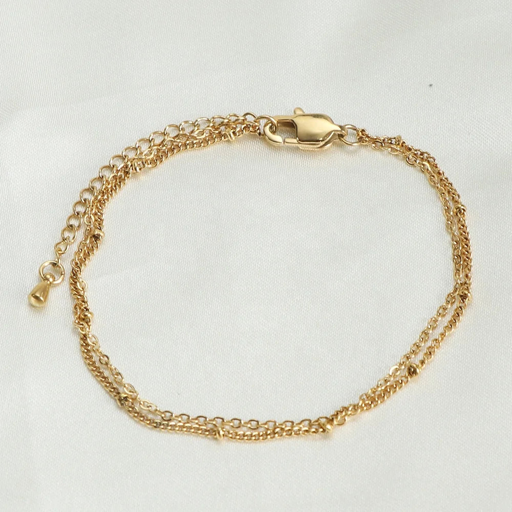 Delicate Double Chain Layer Bracelet for Women 18K Gold Plated Stainless Steel Jewelry