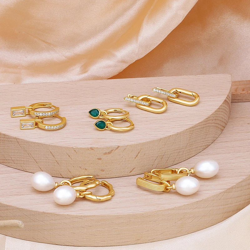 Hot Chunky Designer Huggie Hoop Statement 18K Gold Plated Geometric Earrings Women Set Jewelry With Zircon Agate Gemstone Pearl