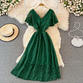 One Size Summer Fashion High-end Luxury Medium Long V-neck Cross High Waist Slim Ruffle Sleeve Big Swing Lace Dress Women