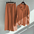 High Waist Loose Plus Size Vintage Solid Women Two Piece Set Cotton Linen Turn-down Collar Shirt Elastic Drawstring Pants Sets