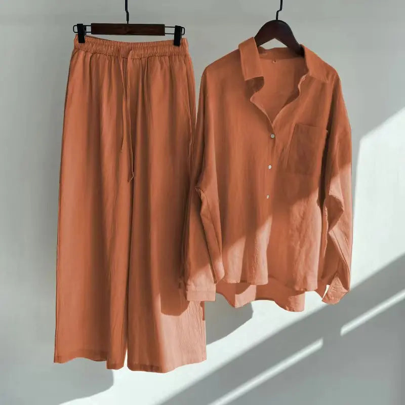 High Waist Loose Plus Size Vintage Solid Women Two Piece Set Cotton Linen Turn-down Collar Shirt Elastic Drawstring Pants Sets
