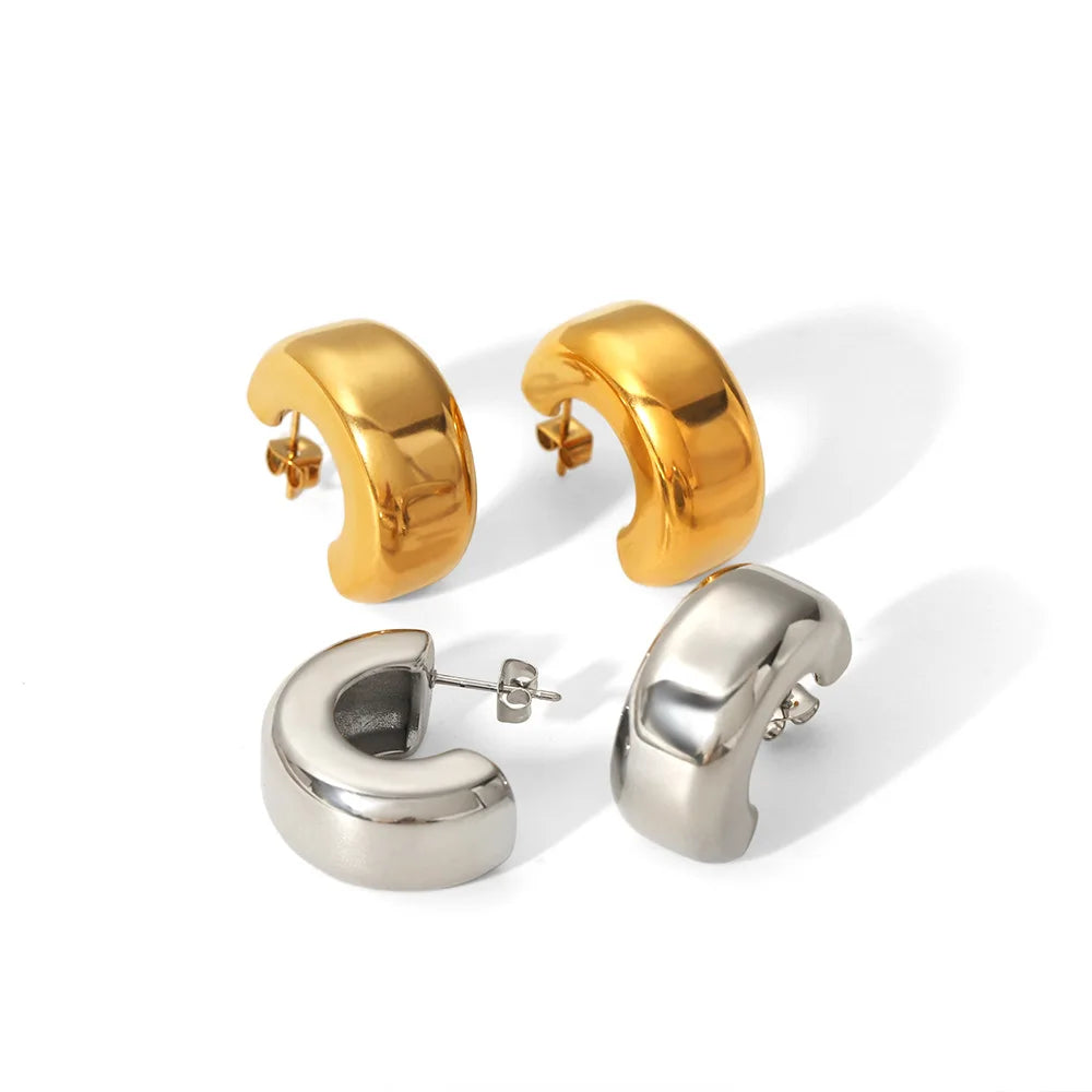 Ins Popular Large Chunky High Glossy C-shaped Stud Earrings Waterproof 18K Gold Plated Stainless Steel Hoop Earrings Pendientes