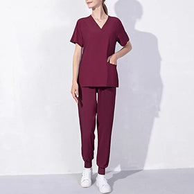 Nurse Work Medical Uniform V-Neck Pocket Front Scrub Tops & Drawstring Pants Outfits for Hospital Women's Clothing