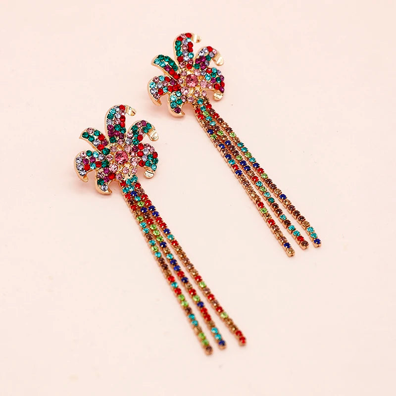Fashion Zircon CZ Tennis Chain Fringe Earrings Exaggerated Long Colorful Rhinestone Crystal Flower Tassel Earrings