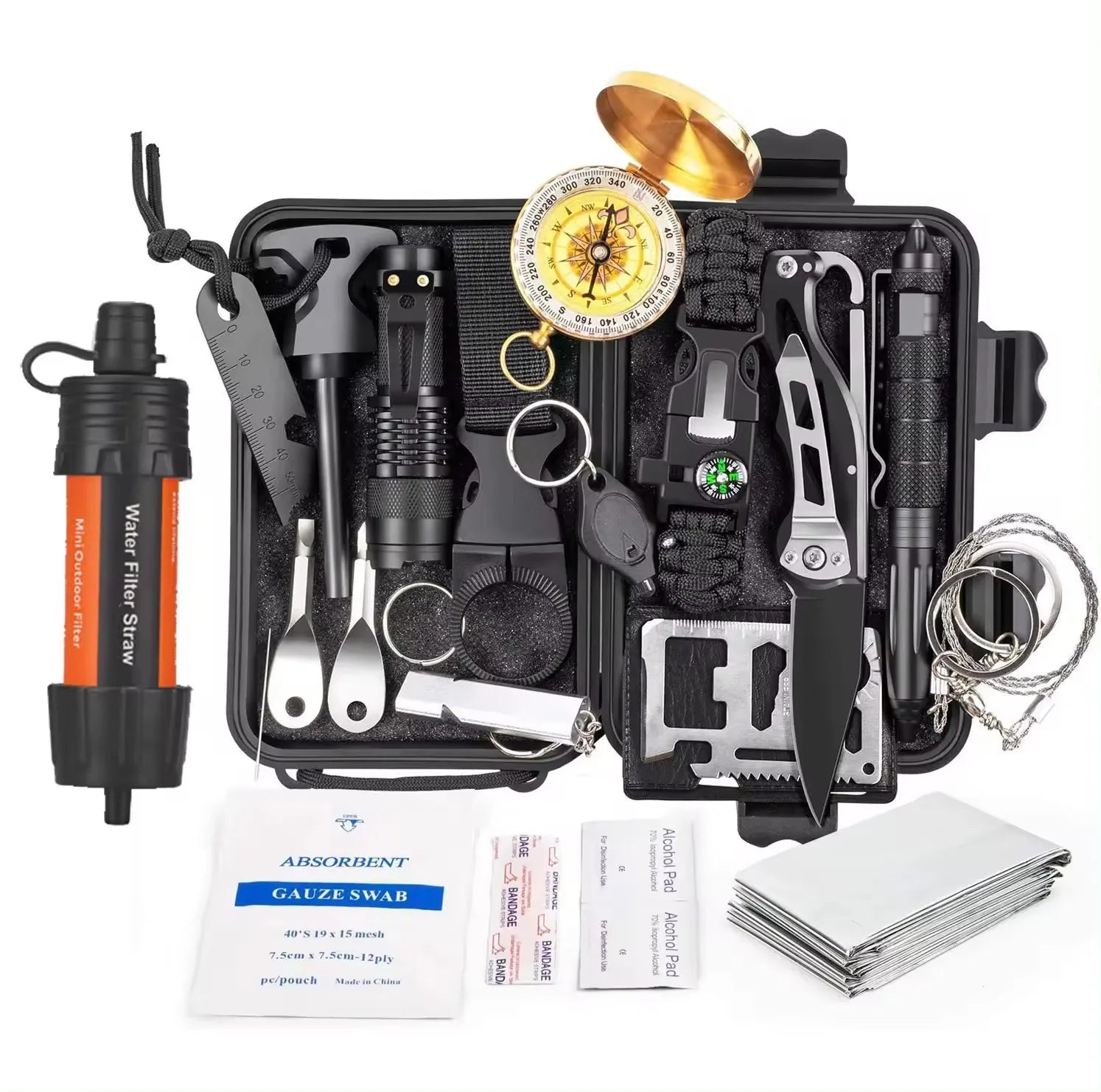 18 in 1 Emergency Survival KitFirst Aid Kit for Hiking/Emergency Kit.Survival Bracelet/Tactical Flashlight/Water Filter