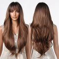 Factory Wholesale Price Brown Ombre Synthetic Heat Resistant Wigs With Bangs Long Wavy Hair for Women Natural Body Wave Wig