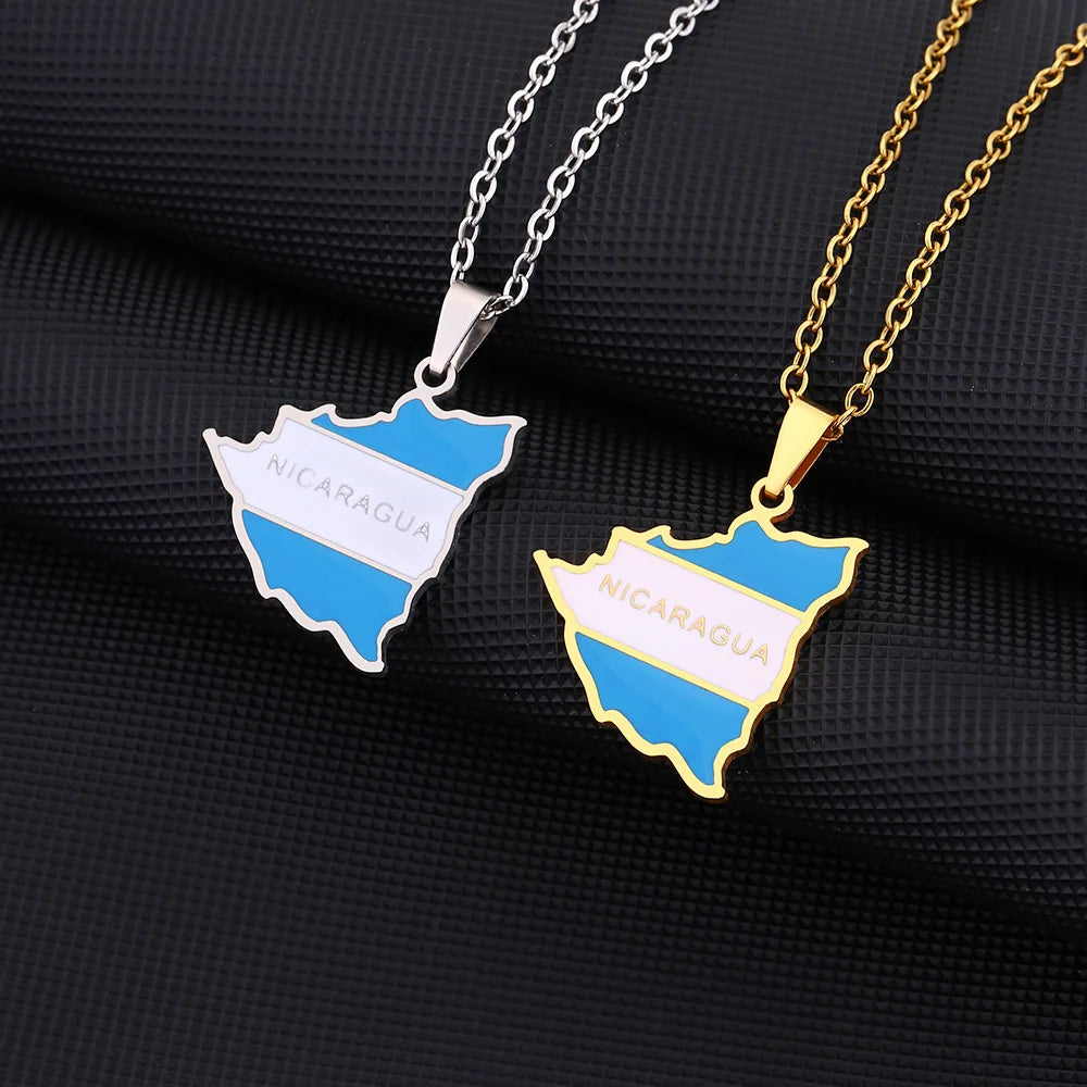 Enamel Nicaragua Map Pendant Necklace for Men and Women Stainless Steel Silver 18K Gold Plated Enameled Nicaragua Map Necklace