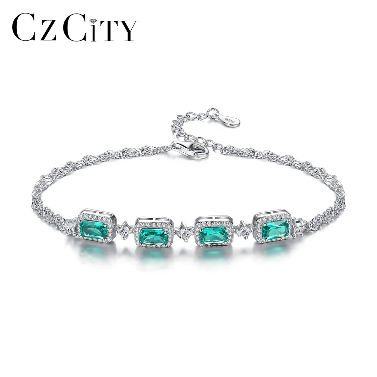 CZCITY New Silver 925 Rhodium Plating Emerald Stone Bracelets Accessories Wedding Jewelry Fashion Wholesale Bracelet