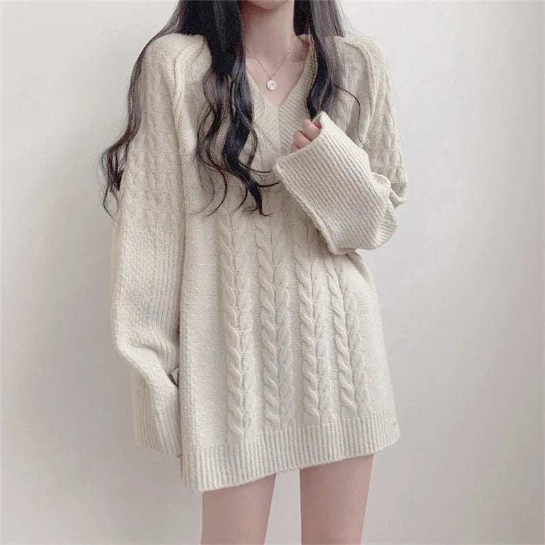 Factory Wholesale Autumn Winter Korean Sweater Loose All-match Knitted Pullover Preppy Style Twist Striped Pullover for Women