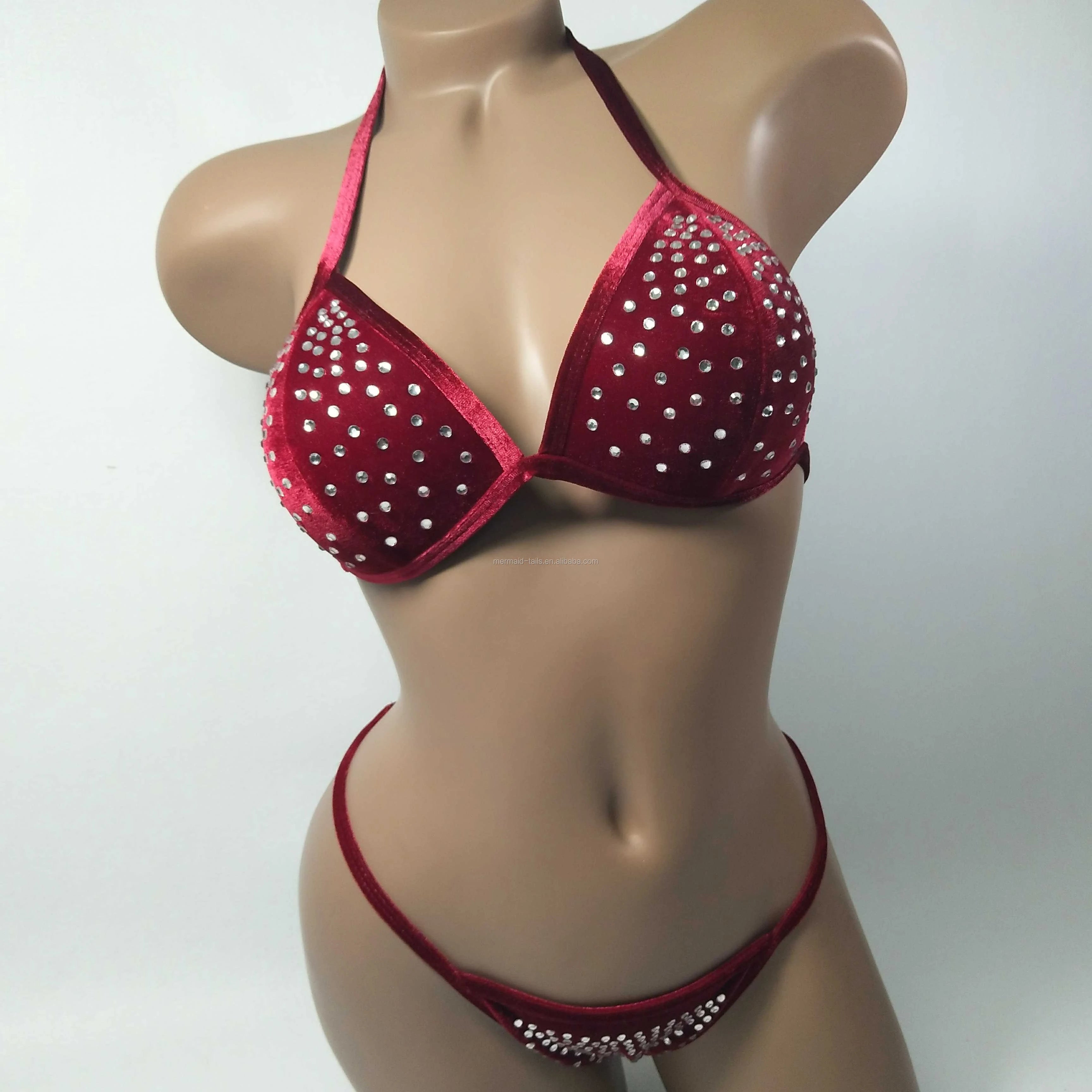 Women's NPC IFBB Competition Bikini Solid Shinny Floral Leopard Pattern Rhinestone Crystal 1 Backless Neckline Breathable Suit