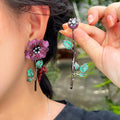 Wholesale Creative Removable Design Cubic Zirconia Red Flower Leaf Big Long Dangle Drop Luxury Party Earrings for Women