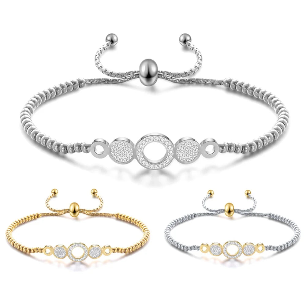 Women Adjustable String Crystal Bracelet Jewelry Stainless Steel Round Charm Adjustable Rope Bracelets for Women