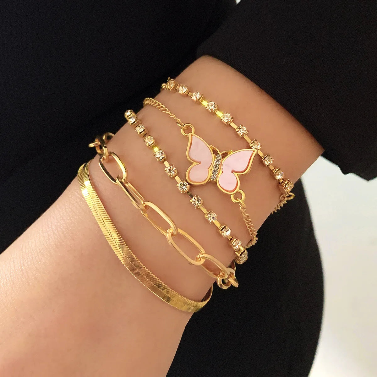 Trendy Geometric Link Chain Bracelet Set For Women Rhinestones Gold Color Leaves Butterfly Pendant Open Cuff Bangle Girl Jewelry