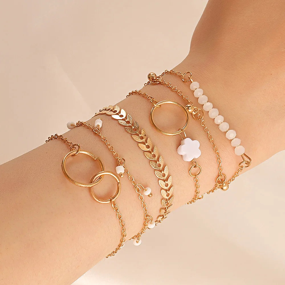 Fashion Hot Selling Styles Minimalist Geometric Circle Bracelets Flower Tassels Leaf Design Jewelry Bracelets Six Piece Set