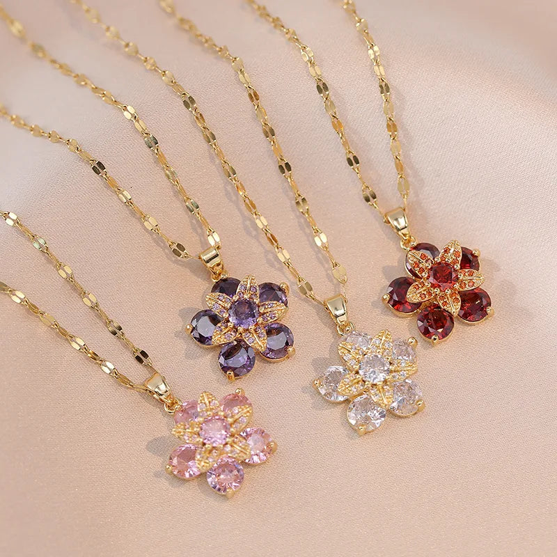 AA016252 Wholesale Rotatable Big Flower Necklace Cubic Zircon High Quality Stainless Steel Chain Necklace for Women