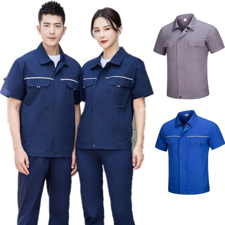 Reflective Stripe Safety Workshop Worker Working Short Sleeve Industry Construction Uniform Suit Zipper Jacket and Pant Set