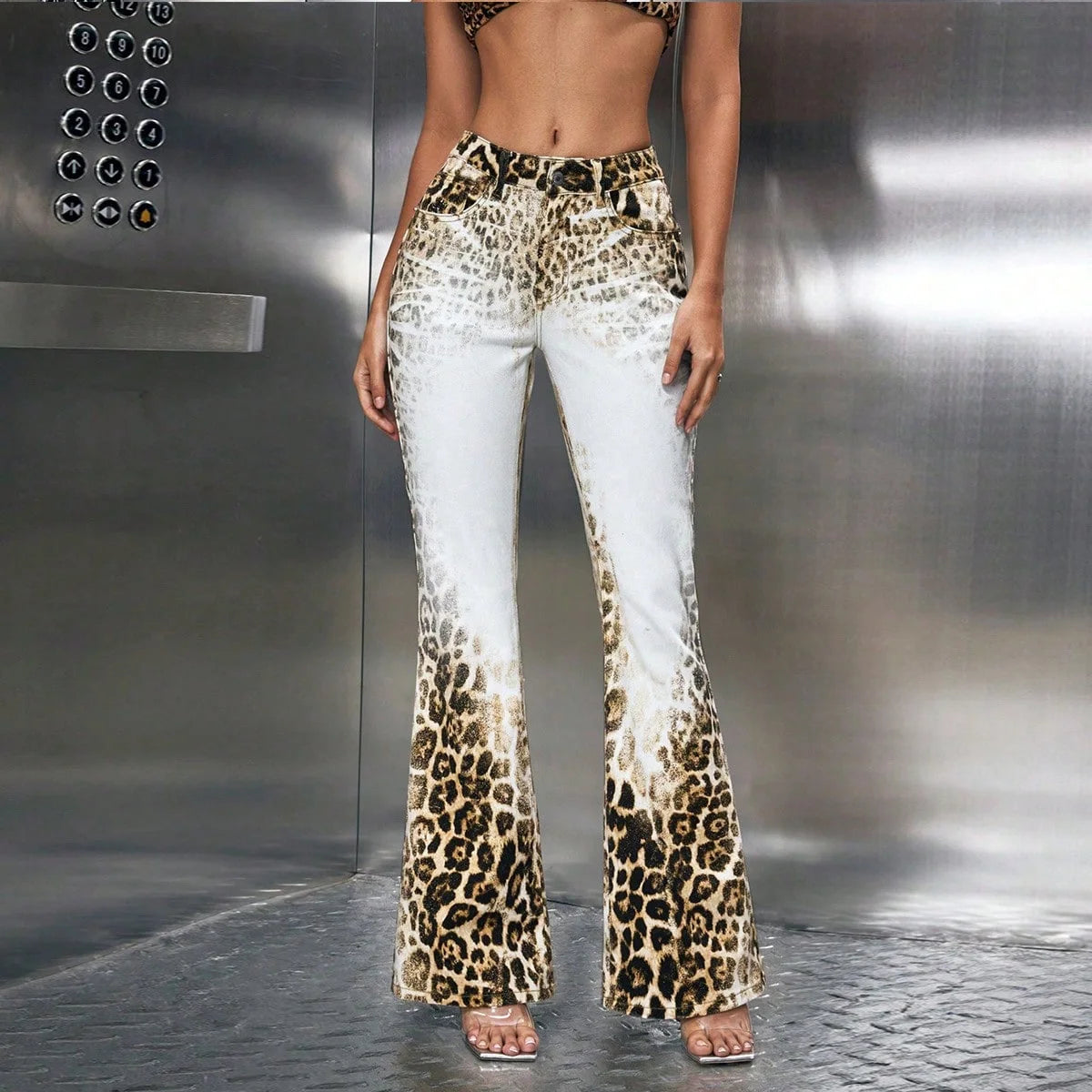 High Street Women's Casual Stretch Low Waist Flare Jeans Breathable Denim Fabric Digital Printing Sexy Skinny Fit Design Simple