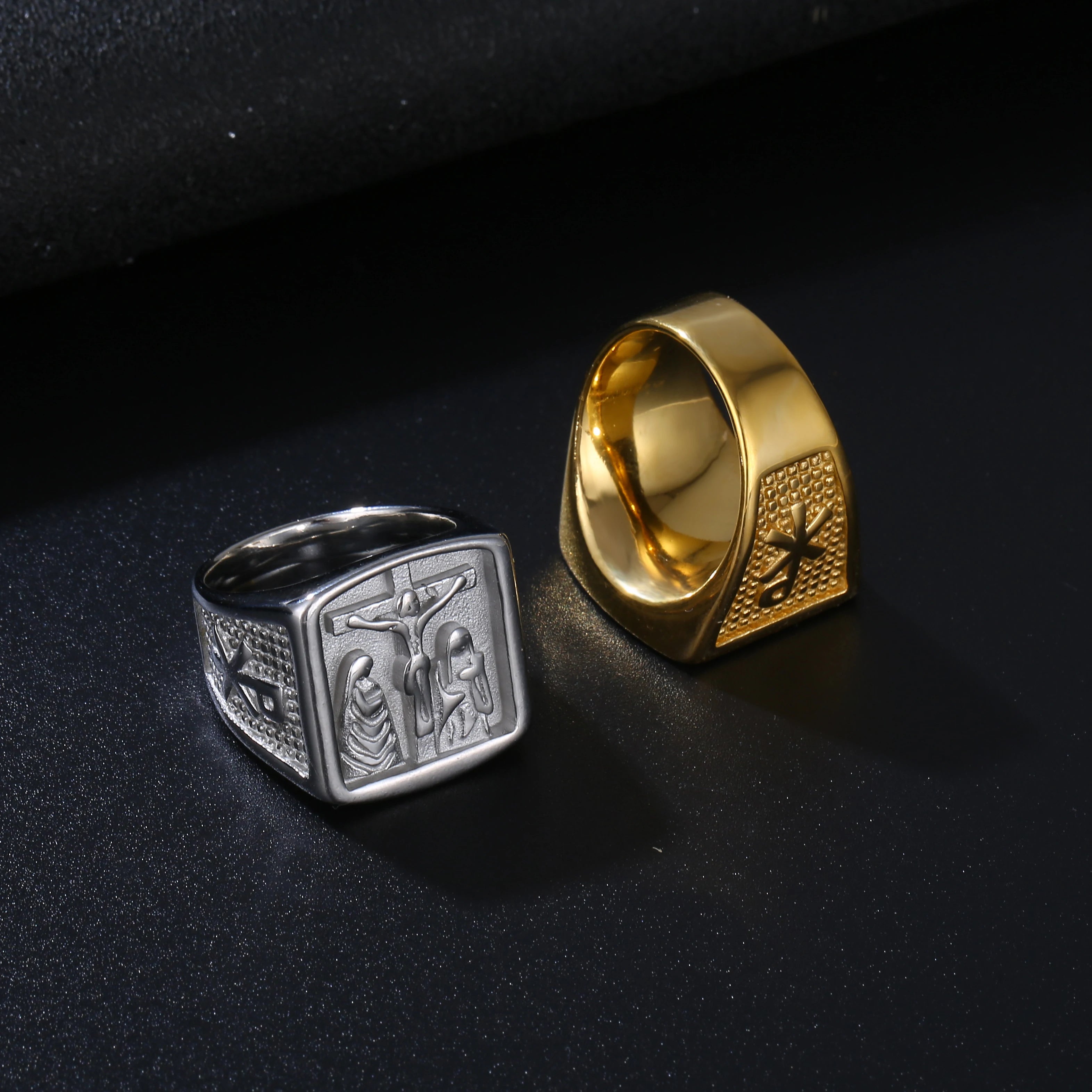 Vintage Jesus Signet Christian Cross Ring Punk High Polished Catholic Religious Saint Joseph Ring Gold Hiphops Men Jewelry Rings