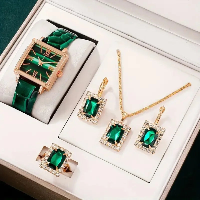 5pcs/set Women Watch Vintage Square Pointer Quartz Watch and Rhinestone Jewelry Set Gift (WT2298)