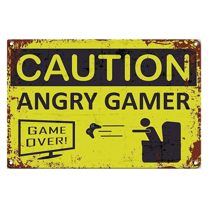 Caution Angry Gamer Vintage Metal Plate Tin Sign Warning Retro Posters Wall Stickers for Club Bar Home Decor Wall Farmhouse Shop