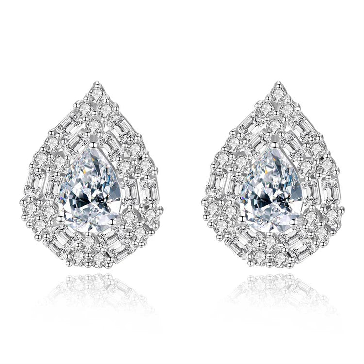 Fashion Fine Jewelry 925 Sterling Silver Water Drop Shaped Diamond Stud Earrings for Women