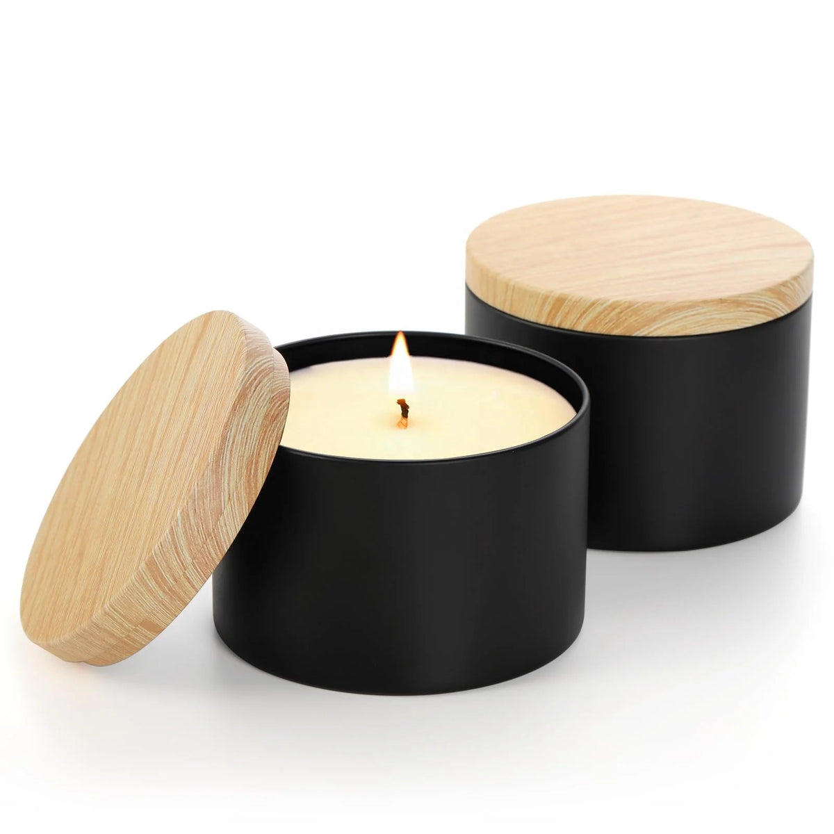 Wholesale 4OZ Black Tinplate Candle Jar with Wooden Grain Lid Home Fragrance Craft Packaging Christmas Gift DIY Tin Jars