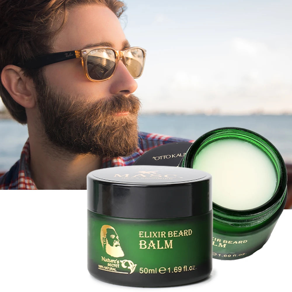 100% Natural Vegan MASC. Mens Grooming Oil & Beard Balm 50g for Beard Growth Moustache Softening Moisturizing Refreshing Formula