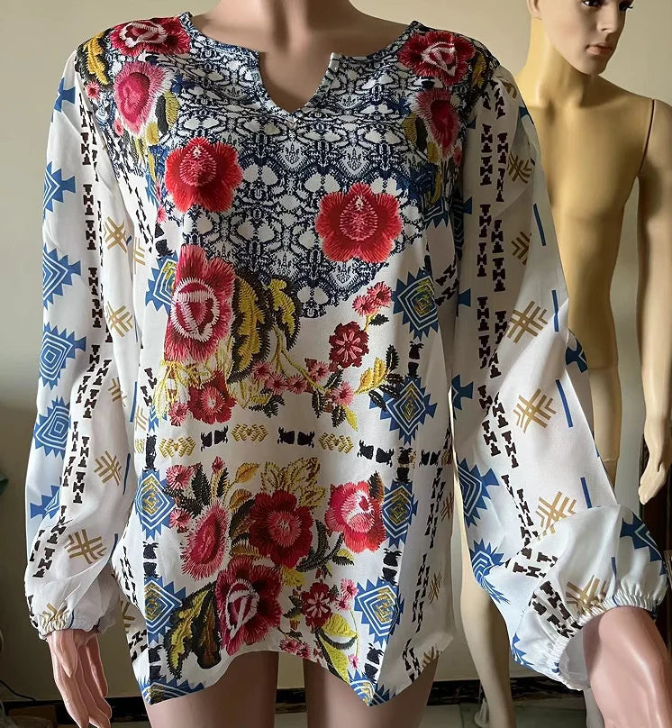 Plus Size S-5XL Aztec Style Flower Print Womens Clothing Bohemian Shirts Loose V Neck Lantern Long Sleeve Ladies Tops 2025
