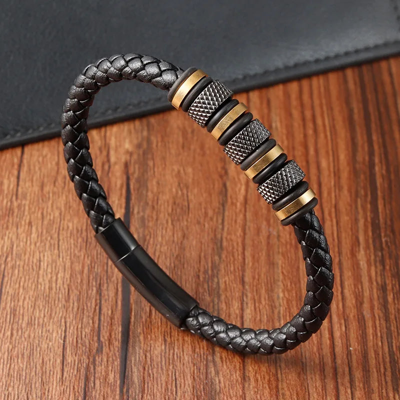 High Quality Stainless Steel Magnet Clasp Multi Layer Real Genuine Leather Bracelet for Men L20236