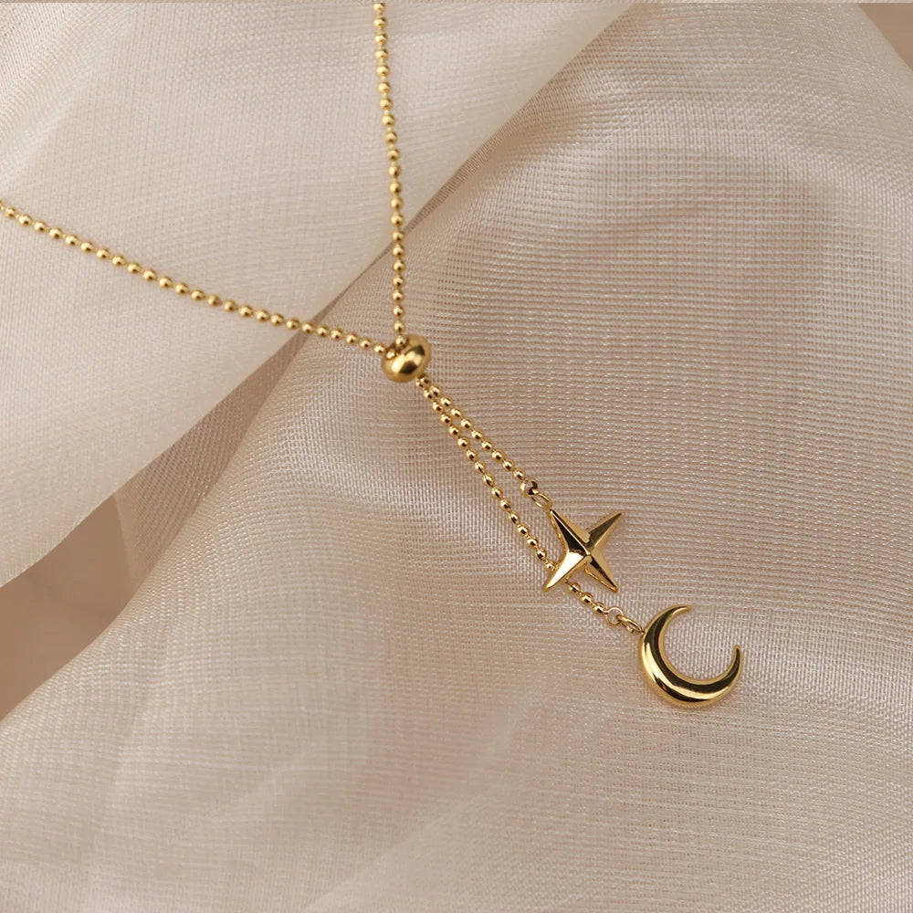 Chris April Minimalist Stainless Steel V-neck Adjustable Slider Star and Moon Charms Necklace