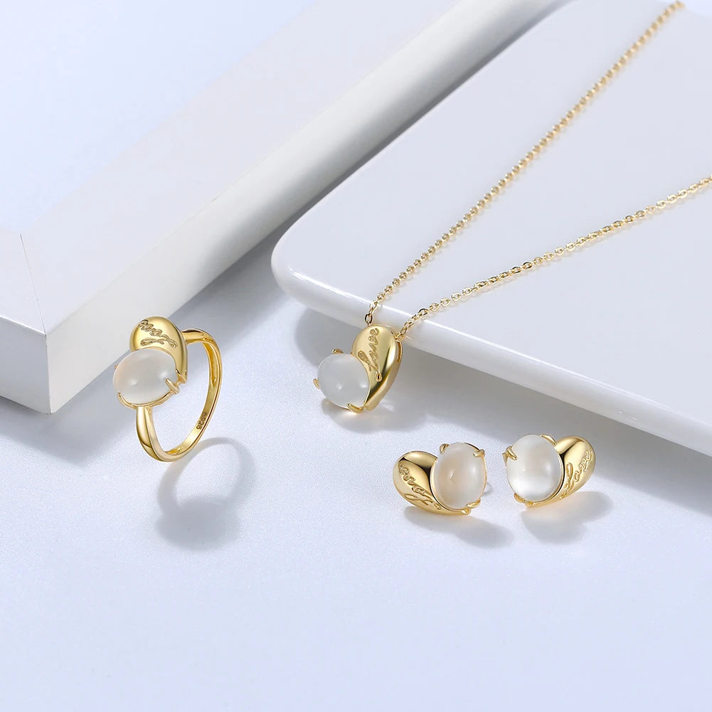 Factory Direct 925 Silver Opal Heart Set 14K Gold Plated Necklace Rings Earrings =Trendy Natural Gemstone Jewelry for Suppliers